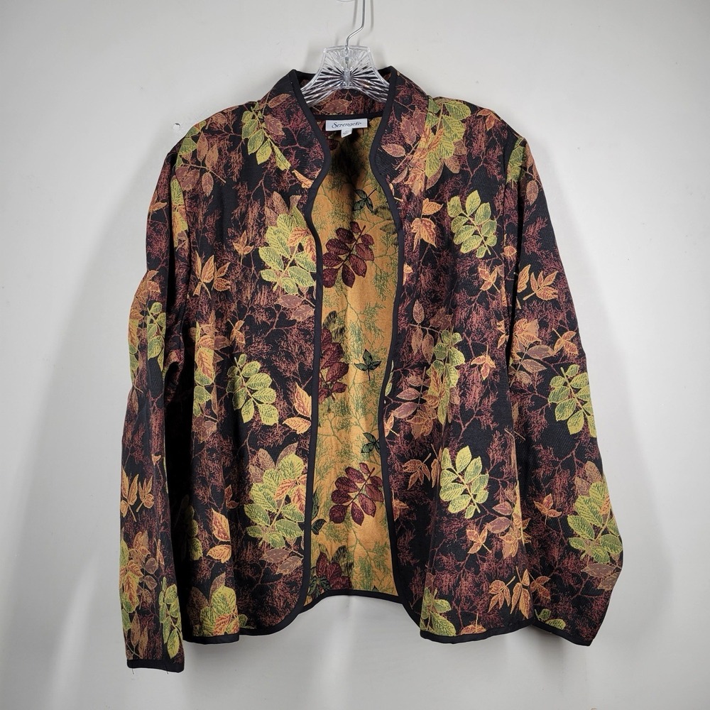 Serengeti Jacket Womens Sz 1X Fall Leaves Leaf Tapestry Open Front Blazer Brown